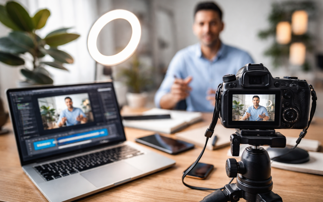 Empresaria grabando videos para redes sociales con celular y preparación profesional para edición