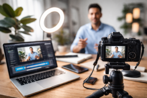Empresaria grabando videos para redes sociales con celular y preparación profesional para edición