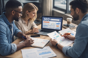 Persona escribiendo un artículo de blog SEO para posicionar en Google y convertir lectores en clientes