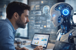 Equipo de marketing trabajando con datos, inteligencia artificial y marketing digital en 2026