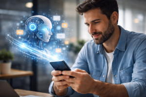 Persona usando su celular mientras visualiza las tendencias del marketing digital 2026