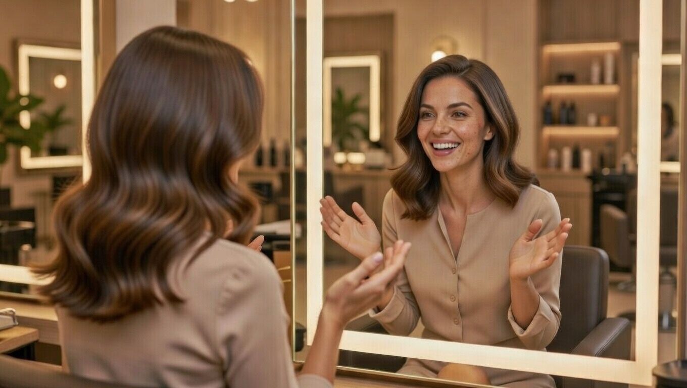 Persona mirando los resultados luego de una grabación de tratamiento de belleza