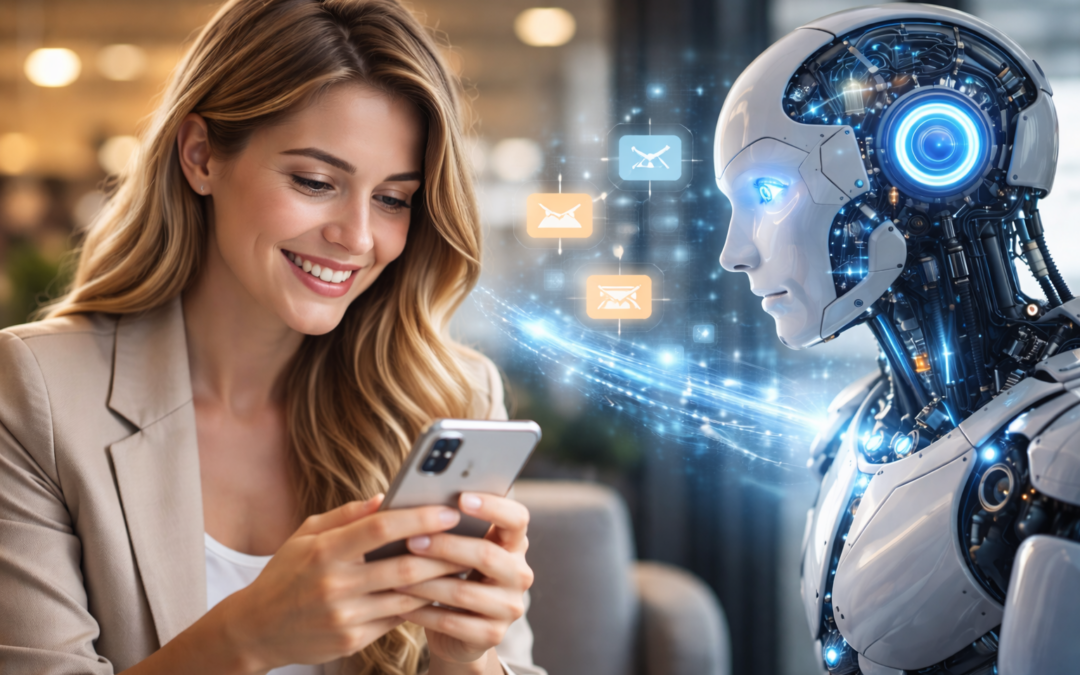 Cómo aparecer en ChatGPT: Mujer mirando su iPhone mientras una inteligencia artificial digital interactúa con ella